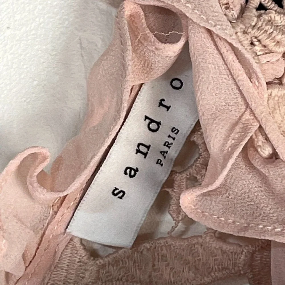 Sandro Paris Manureva Dress Women's Small Pink Floral Laser Cut Crochet Side Zip - Picture 7 of 16